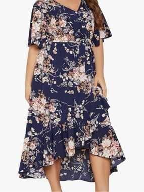 Navy Floral Wrap High-Low Dress with Tie Waist